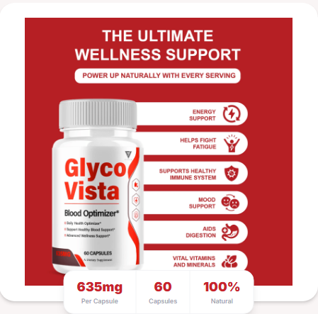 Glyco Vista Blood Sugar Support benefits chart showing energy, immunity and digestion support